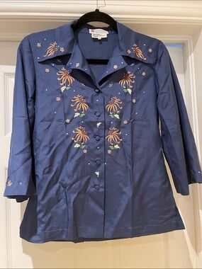 Hand Embroidered 100% Silk Navy Button-Down Shirt Art to wear S- XS